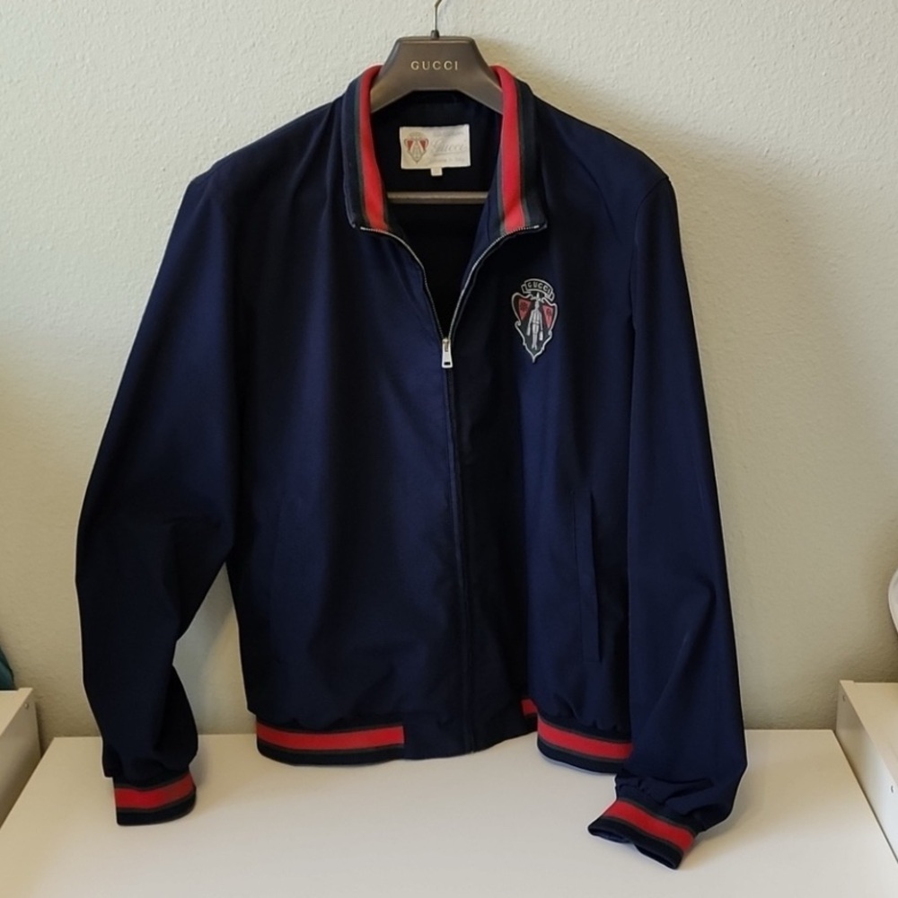 Gucci Navy Bomber Jacket with Red Accents